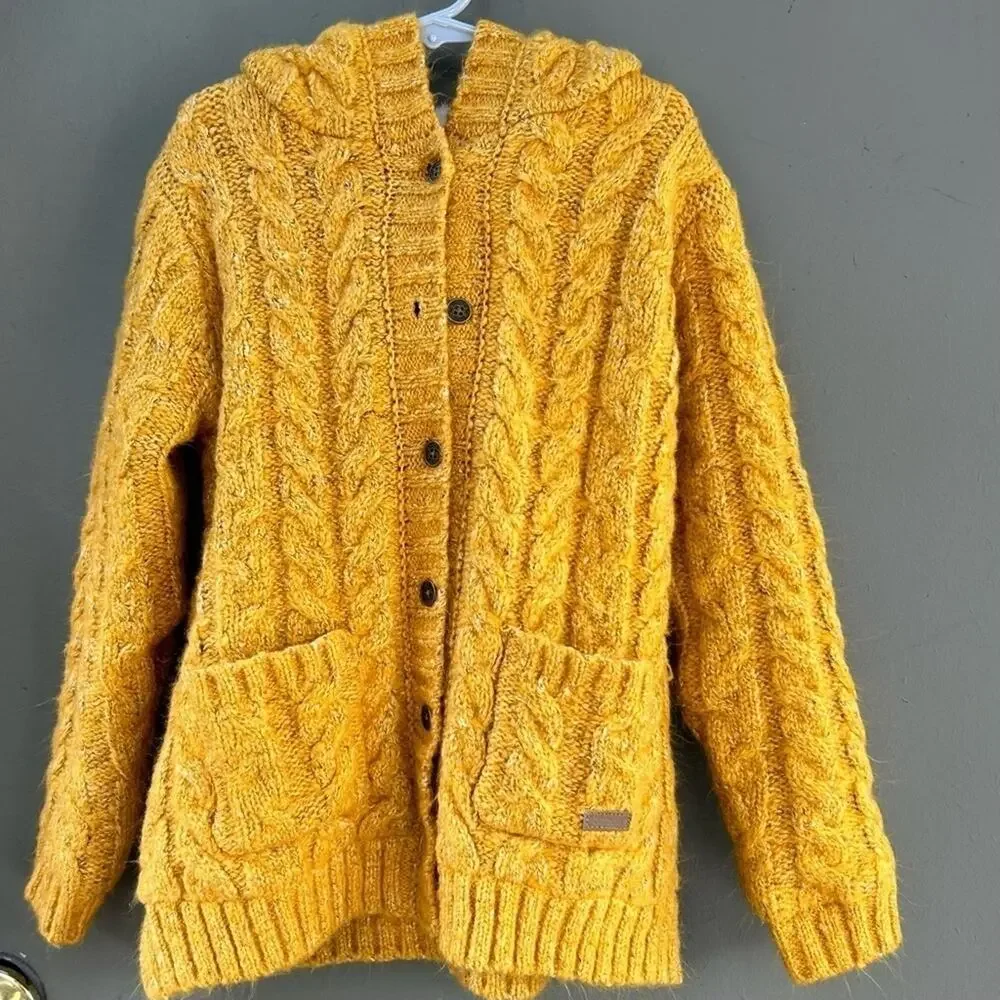 Boboli Kid’s Yellow Cable Knit Button Down Hoodie, Faux Fur Lining Size 8yrs NWT